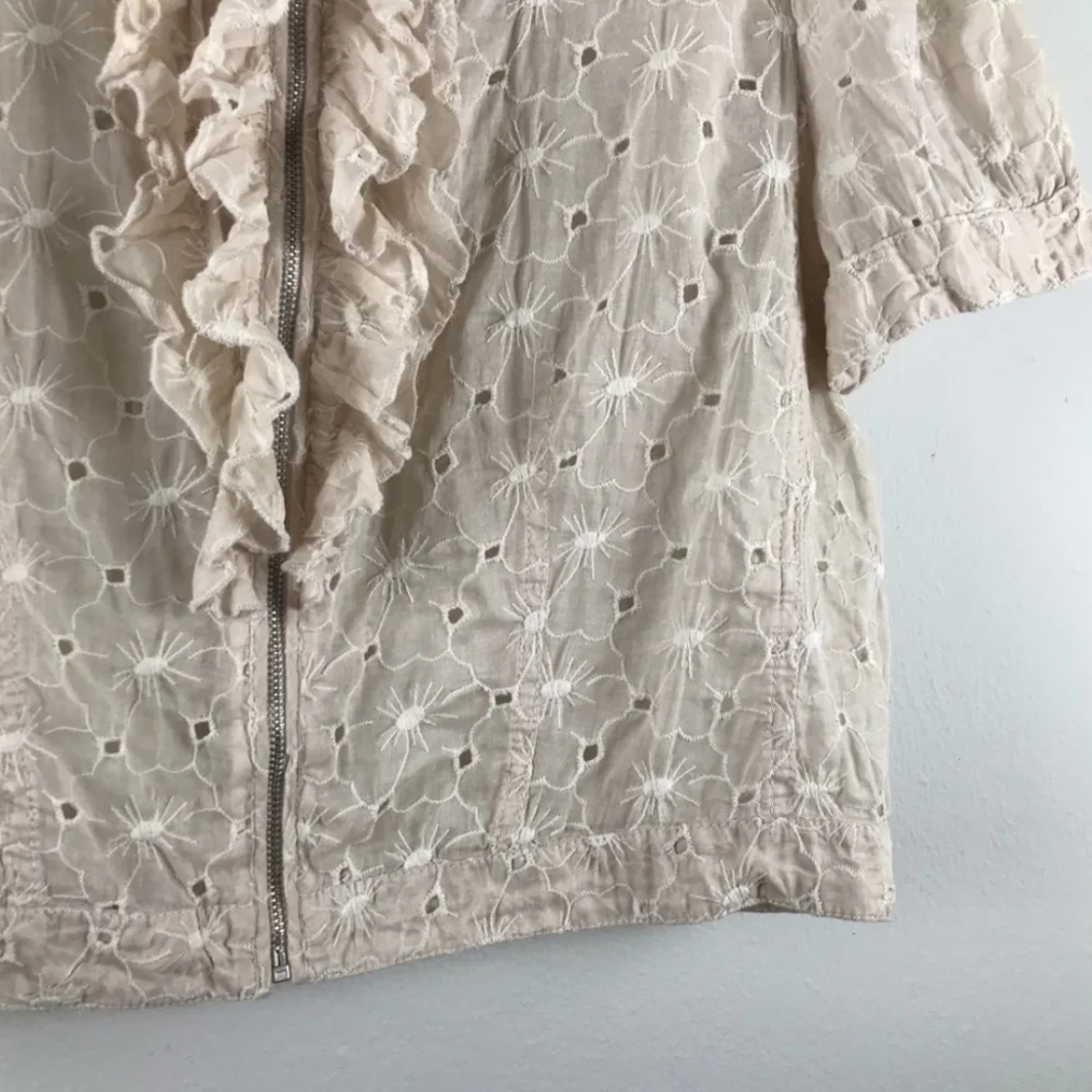 Anthropologie Cream Eyelet Ruffle Zip-Front Blouse